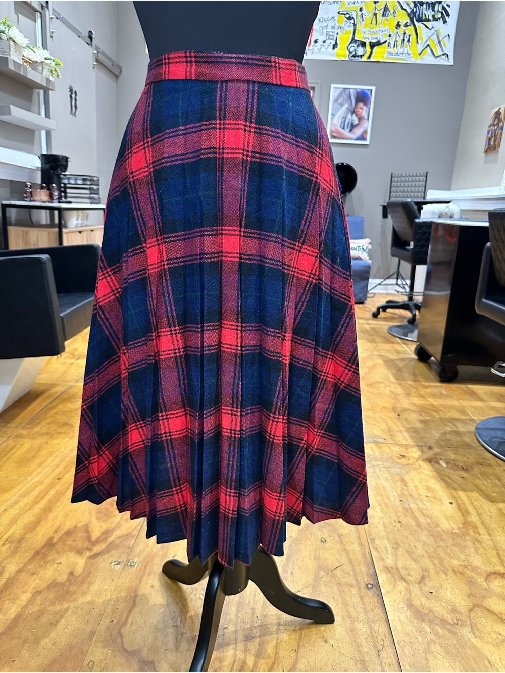 Russ Wool Red and Navy Plaid Midi Skirt